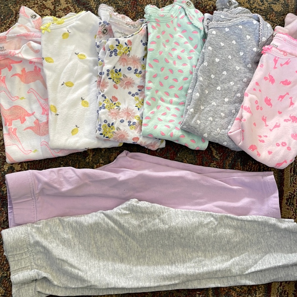 Bundle! 6-9M short sleeved onesies (6 pairs) and 6-12M leggings (2 pairs)